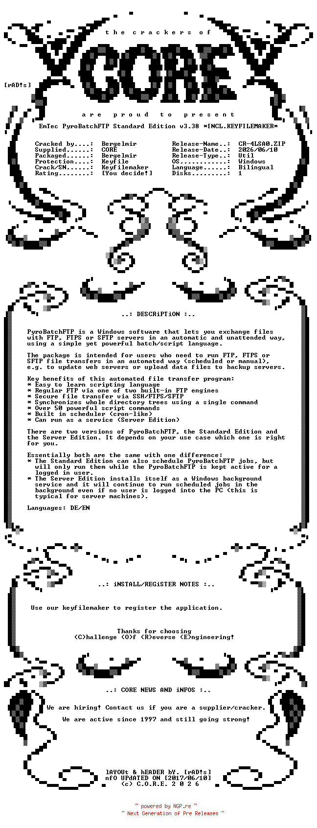 NFO for the release EmTec.PyroBatchFTP.Standard.Edition.v3.38.Bilingual.Incl.Keyfilemaker-CORE by CORE