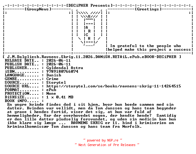 NFO for the release J.M.Dalgliesh.Ravnens.Skrig.11.2026.DANiSH.RETAiL.ePub.eBOOK-DECiPHER by DECiPHER