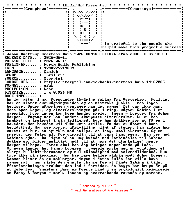 NFO for the release Johan.Knattrup.Smertens.Barn.2026.DANiSH.RETAiL.ePub.eBOOK-DECiPHER by DECiPHER