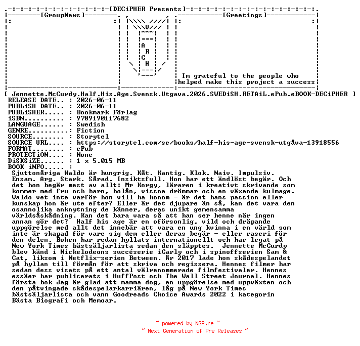 NFO for the release Jennette.McCurdy.Half.His.Age.Svensk.Utgava.2026.SWEDiSH.RETAiL.ePub.eBOOK-DECiPHER by DECiPHER