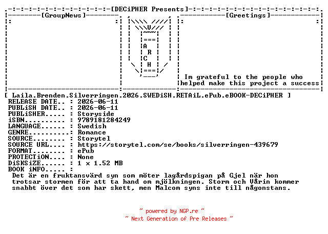 NFO for the release Laila.Brenden.Silverringen.2026.SWEDiSH.RETAiL.ePub.eBOOK-DECiPHER by DECiPHER