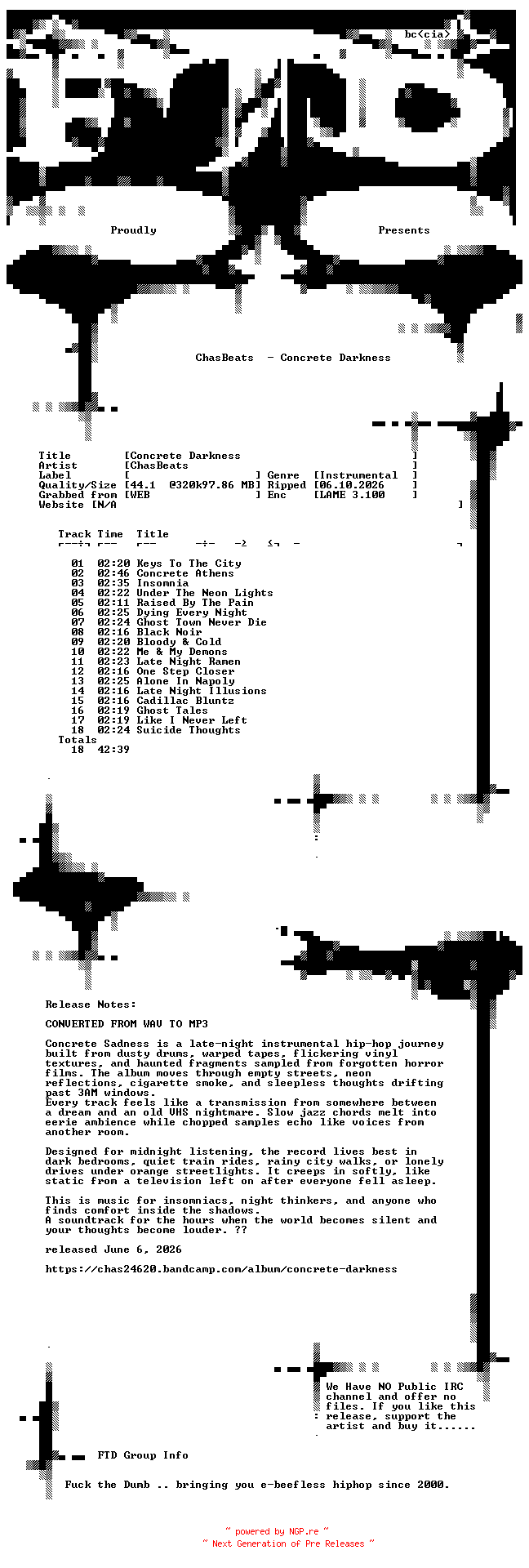 NFO for the release ChasBeats-Concrete_Darkness-WEB-2026-FTD by FTD
