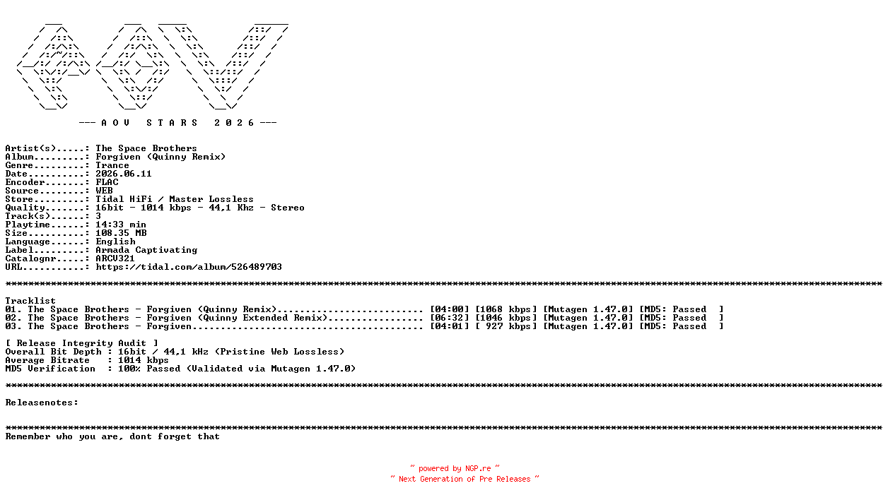NFO for the release The_Space_Brothers-Forgiven_(Quinny_Remix)-(ARCV321)-16BIT-WEB-FLAC-2026-AOVF by AOVF