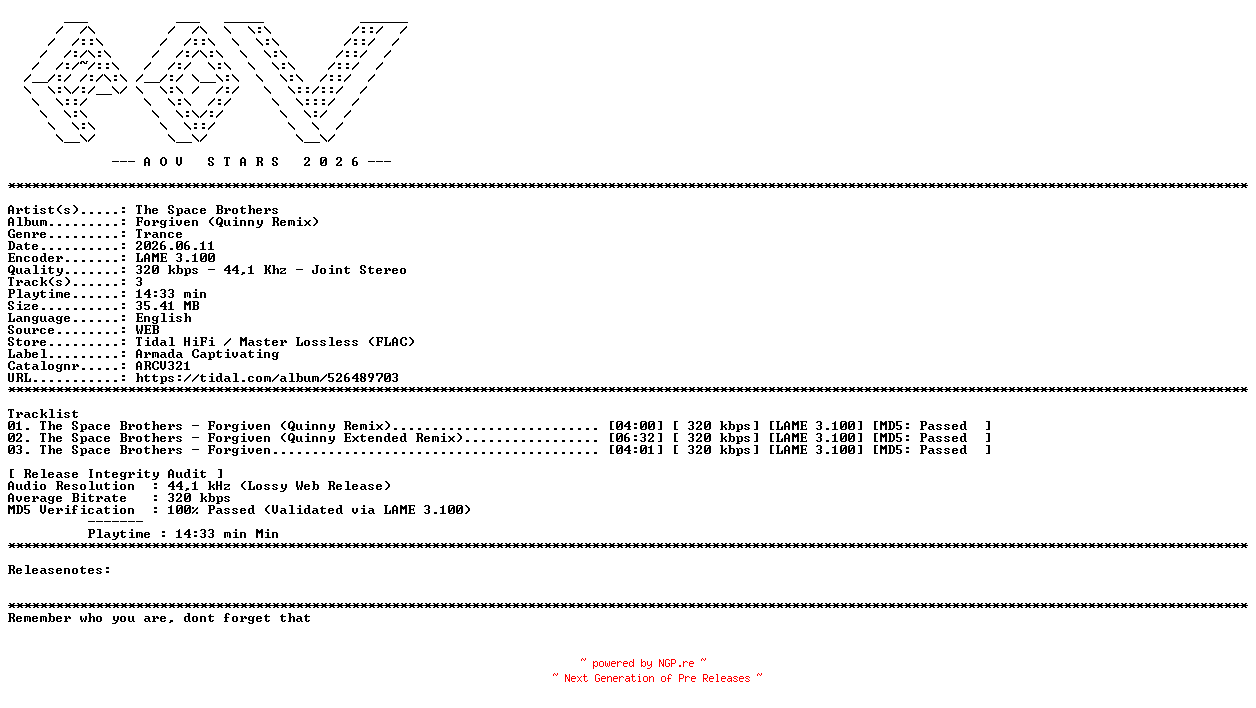 NFO for the release The_Space_Brothers-Forgiven_(Quinny_Remix)-(ARCV321)-WEB-2026-AOV by AOV