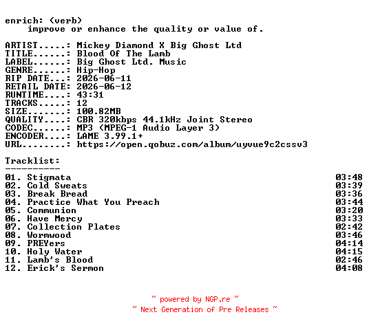 NFO for the release Mickey_Diamond_X_Big_Ghost_Ltd-Blood_Of_The_Lamb-WEB-2026-ENRiCH by ENRiCH