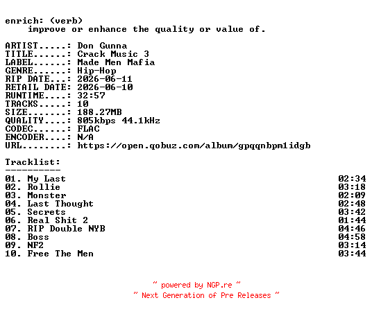 NFO for the release Don_Gunna-Crack_Music_3-16BIT-WEB-FLAC-2026-ENRiCH by ENRiCH