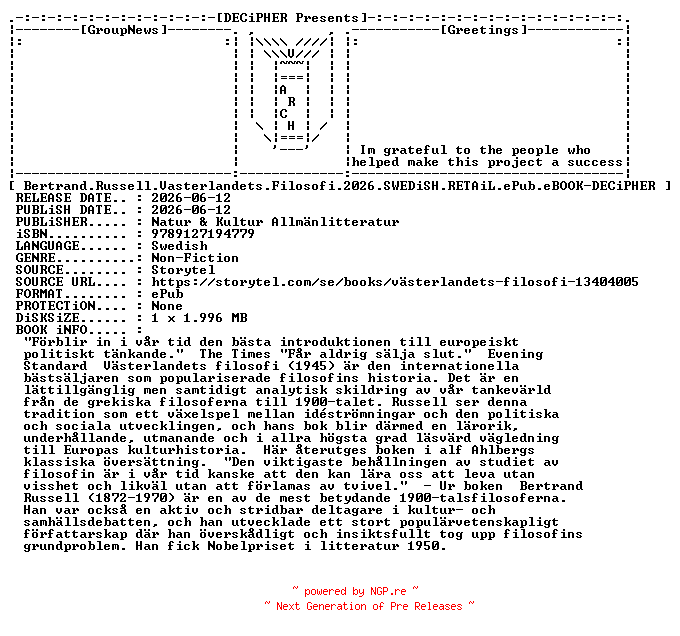 NFO for the release Bertrand.Russell.Vasterlandets.Filosofi.2026.SWEDiSH.RETAiL.ePub.eBOOK-DECiPHER by DECiPHER