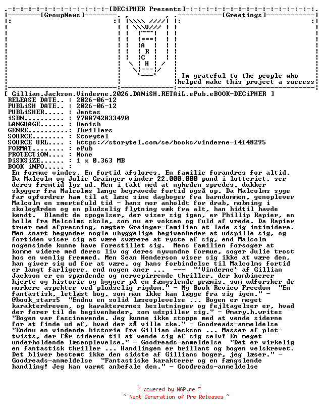NFO for the release Gillian.Jackson.Vinderne.2026.DANiSH.RETAiL.ePub.eBOOK-DECiPHER by DECiPHER
