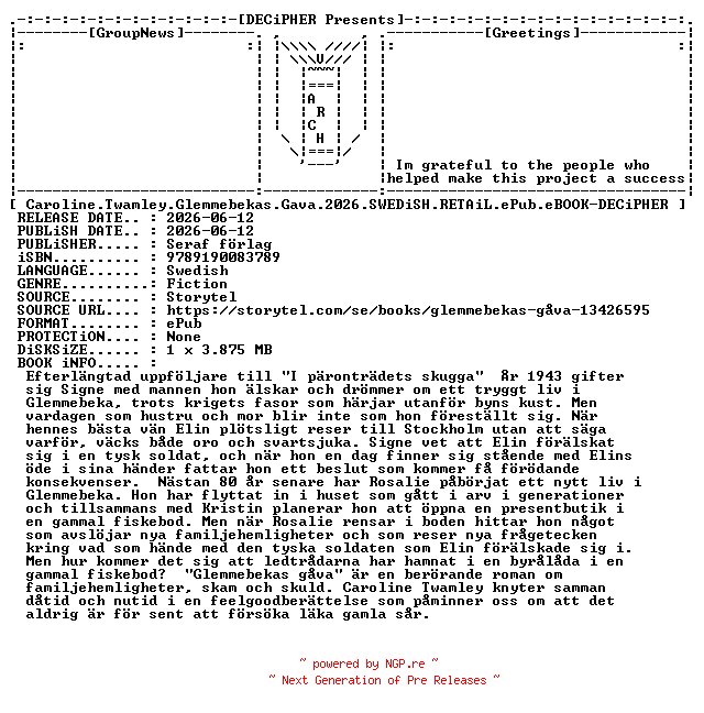 NFO for the release Caroline.Twamley.Glemmebekas.Gava.2026.SWEDiSH.RETAiL.ePub.eBOOK-DECiPHER by DECiPHER