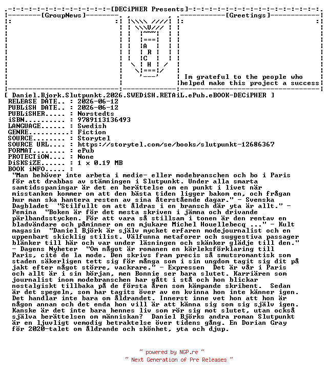 NFO for the release Daniel.Bjork.Slutpunkt.2026.SWEDiSH.RETAiL.ePub.eBOOK-DECiPHER by DECiPHER