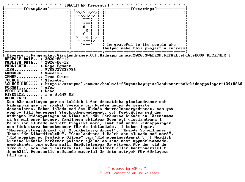 NFO for the release Diverse.I.Fangenskap.Gisslandramer.Och.Kidnappningar.2026.SWEDiSH.RETAiL.ePub.eBOOK-DECiPHER by DECiPHER