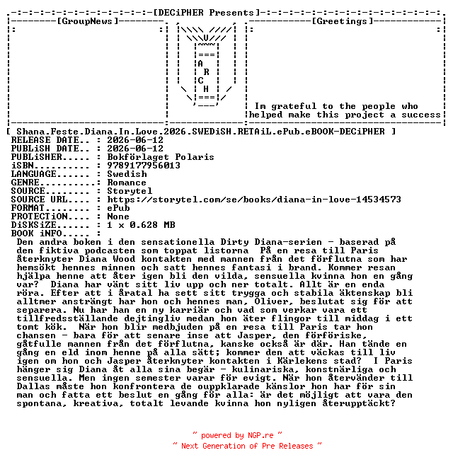 NFO for the release Shana.Feste.Diana.In.Love.2026.SWEDiSH.RETAiL.ePub.eBOOK-DECiPHER by DECiPHER