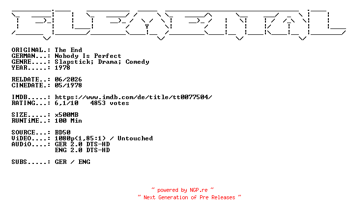 NFO for the release Nobody.Is.Perfect.1978.German.DL.1080p.BluRay.AVC-ELEMENTAL by ELEMENTAL
