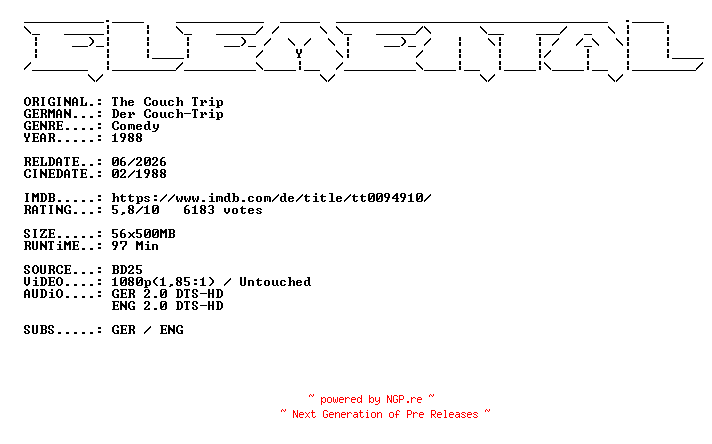 NFO for the release Der.Couch.Trip.1988.German.DL.1080p.BluRay.AVC-ELEMENTAL by ELEMENTAL
