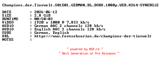 NFO for the release Champions.der.Tierwelt.S01E01.GERMAN.DL.DOKU.1080p.WEB.H264-SYNERGiE by SYNERGiE