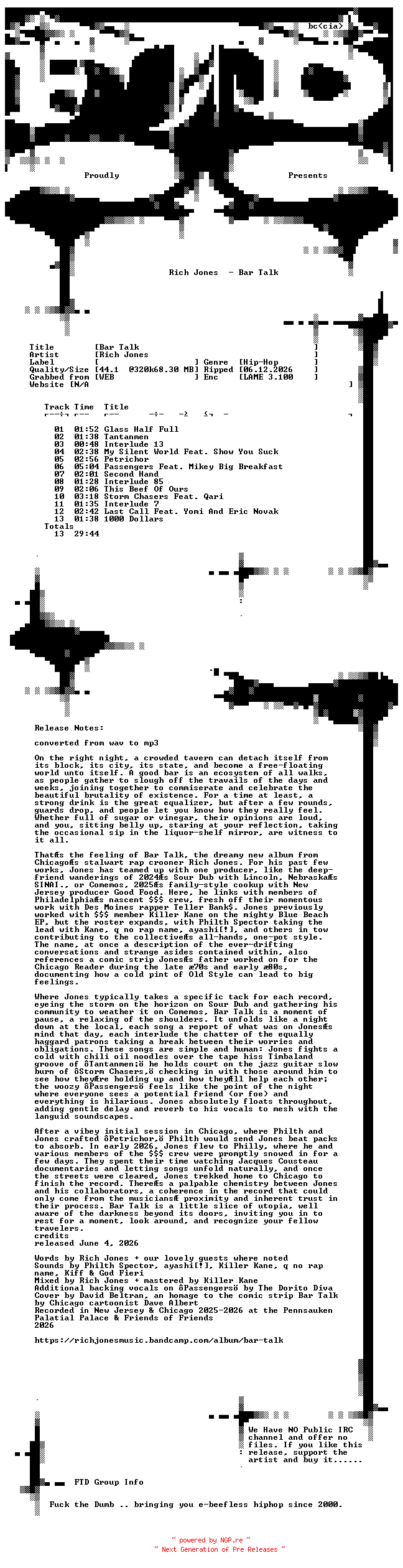 NFO for the release Rich_Jones-Bar_Talk-WEB-2026-FTD by FTD