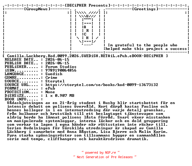 NFO for the release Camilla.Lackberg.Kod.0099.2026.SWEDiSH.RETAiL.ePub.eBOOK-DECiPHER by DECiPHER