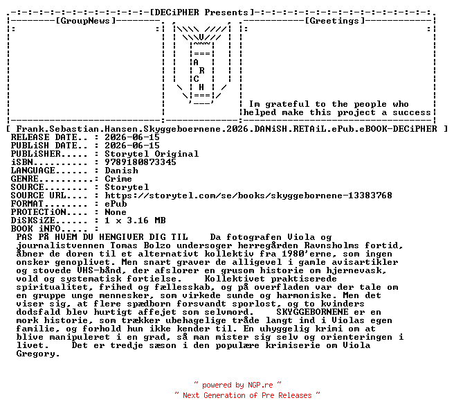 NFO for the release Frank.Sebastian.Hansen.Skyggeboernene.2026.DANiSH.RETAiL.ePub.eBOOK-DECiPHER by DECiPHER