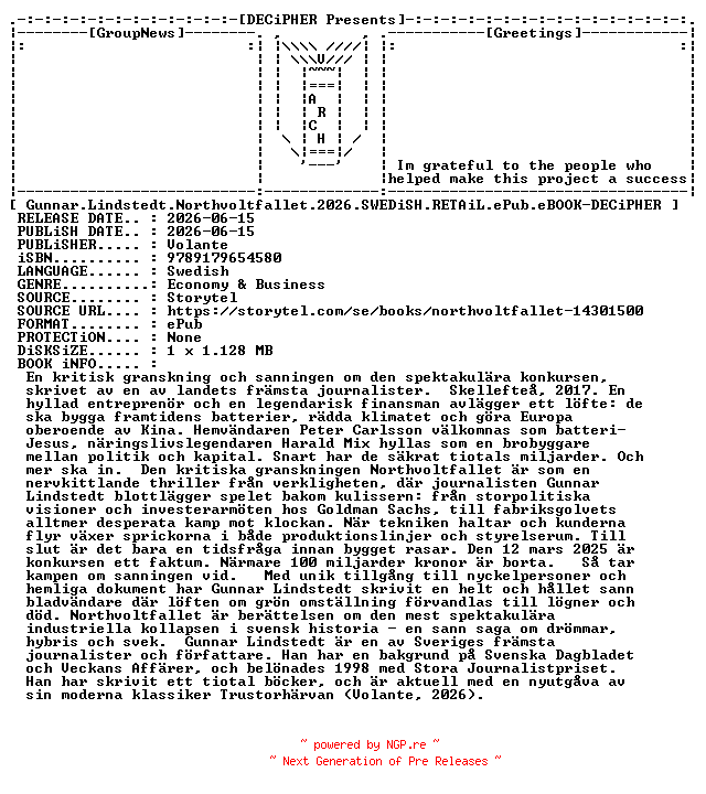 NFO for the release Gunnar.Lindstedt.Northvoltfallet.2026.SWEDiSH.RETAiL.ePub.eBOOK-DECiPHER by DECiPHER