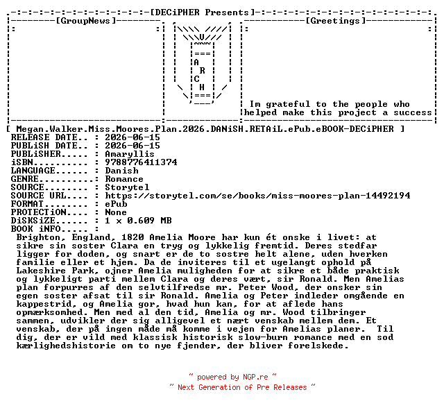 NFO for the release Megan.Walker.Miss.Moores.Plan.2026.DANiSH.RETAiL.ePub.eBOOK-DECiPHER by DECiPHER