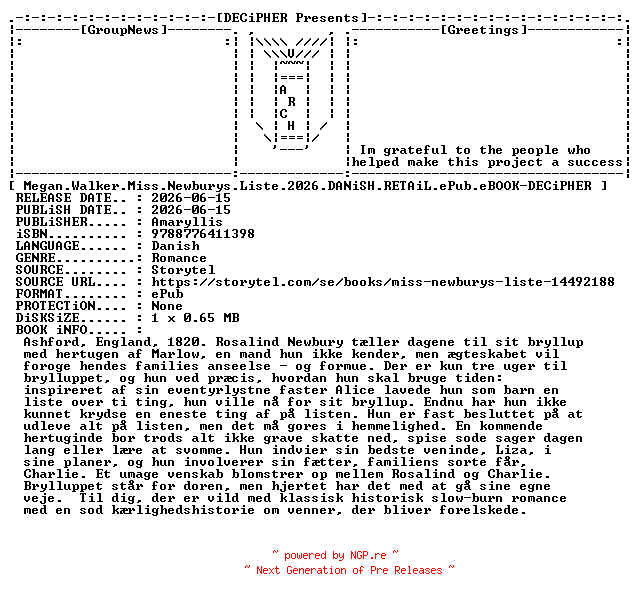 NFO for the release Megan.Walker.Miss.Newburys.Liste.2026.DANiSH.RETAiL.ePub.eBOOK-DECiPHER by DECiPHER