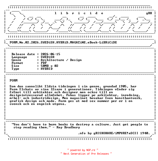 NFO for the release FORM.No.02.2026.SWEDiSH.HYBRiD.MAGAZiNE.eBook-LiBRiCiDE by LiBRiCiDE