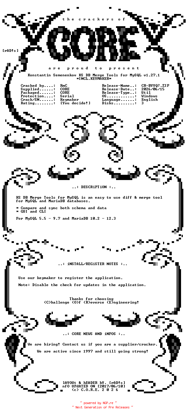 NFO for the release Konstantin.Semenenkov.KS.DB.Merge.Tools.for.MySQL.v1.27.1.Incl.Keymaker-CORE by CORE