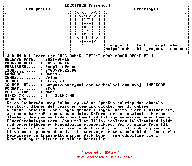 NFO for the release J.D.Kirk.I.Stormvejr.2026.DANiSH.RETAiL.ePub.eBOOK-DECiPHER by DECiPHER