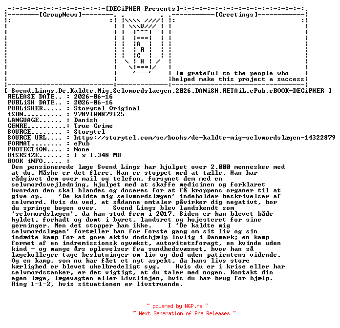 NFO for the release Svend.Lings.De.Kaldte.Mig.Selvmordslaegen.2026.DANiSH.RETAiL.ePub.eBOOK-DECiPHER by DECiPHER