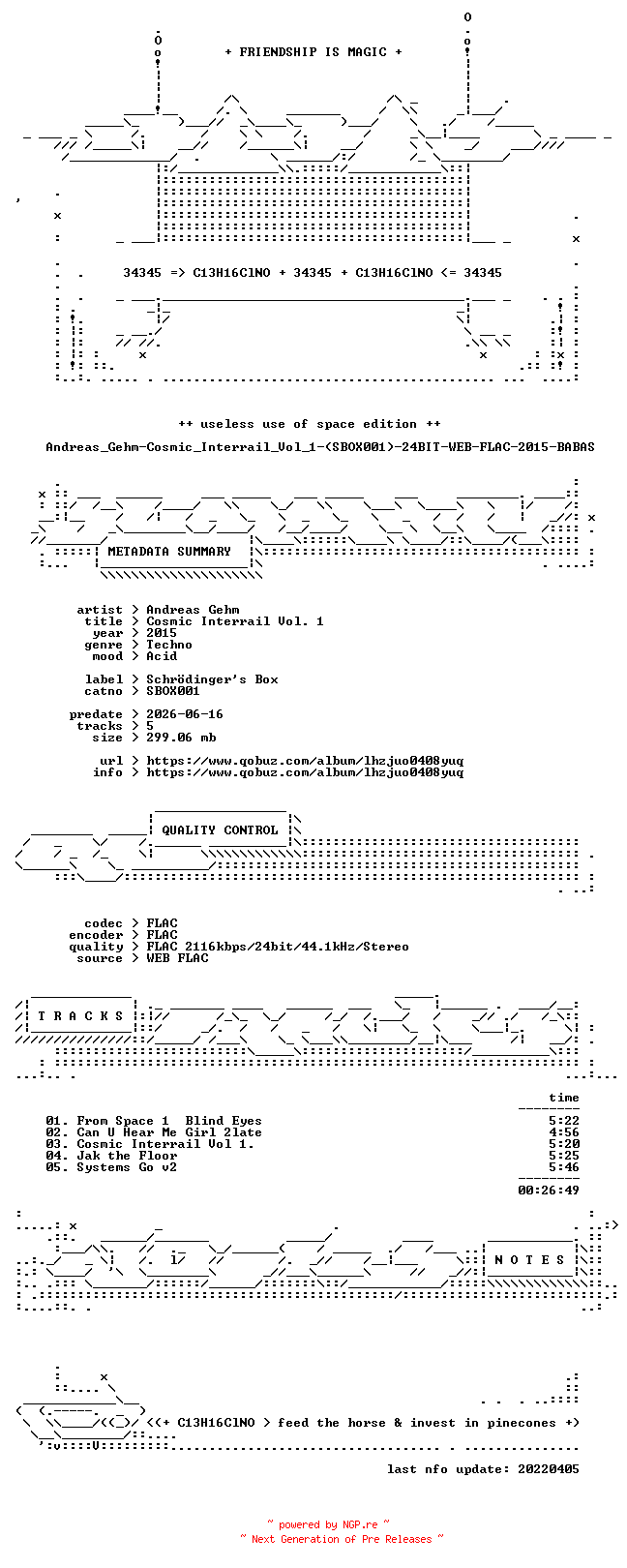 NFO for the release Andreas_Gehm-Cosmic_Interrail_Vol_1-(SBOX001)-24BIT-WEB-FLAC-2015-BABAS by BABAS