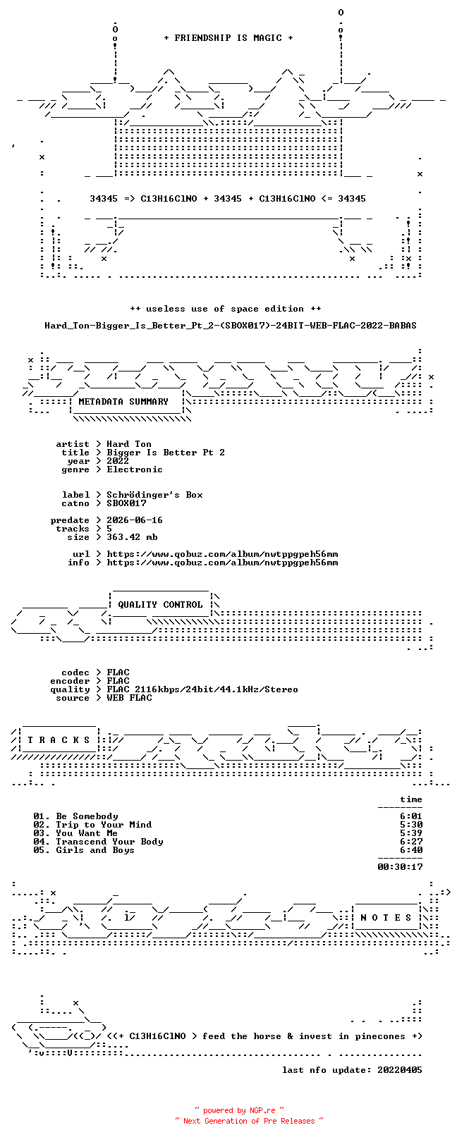 NFO for the release Hard_Ton-Bigger_Is_Better_Pt_2-(SBOX017)-24BIT-WEB-FLAC-2022-BABAS by BABAS