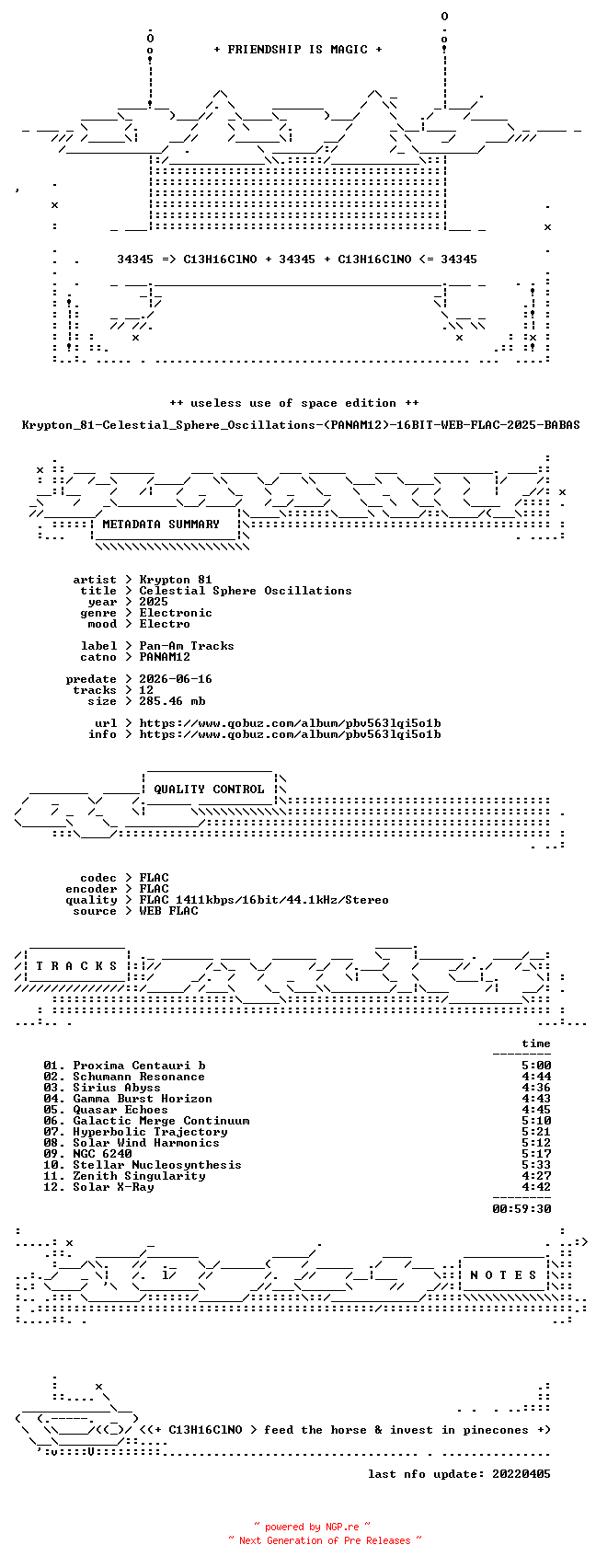 NFO for the release Krypton_81-Celestial_Sphere_Oscillations-(PANAM12)-16BIT-WEB-FLAC-2025-BABAS by BABAS