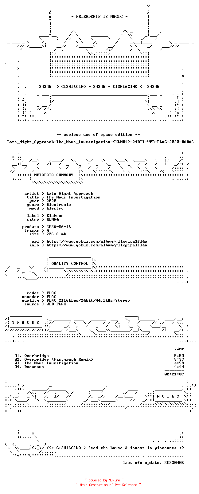 NFO for the release Late_Night_Approach-The_Naus_Investigation-(KLNR4)-24BIT-WEB-FLAC-2020-BABAS by BABAS