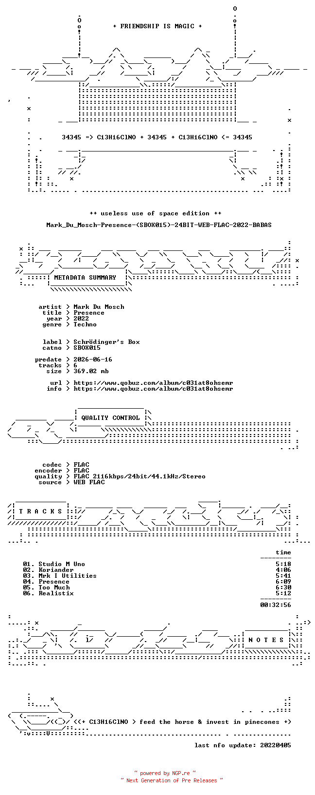 NFO for the release Mark_Du_Mosch-Presence-(SBOX015)-24BIT-WEB-FLAC-2022-BABAS by BABAS