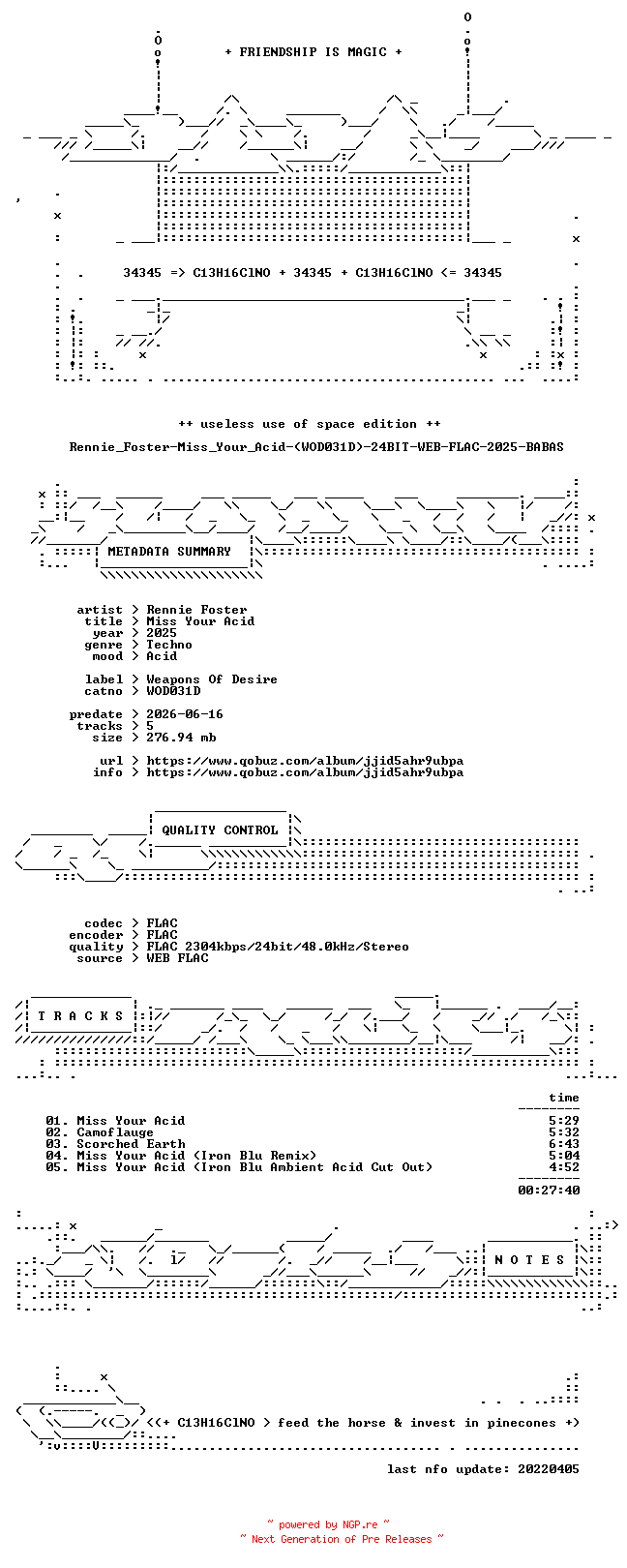 NFO for the release Rennie_Foster-Miss_Your_Acid-(WOD031D)-24BIT-WEB-FLAC-2025-BABAS by BABAS