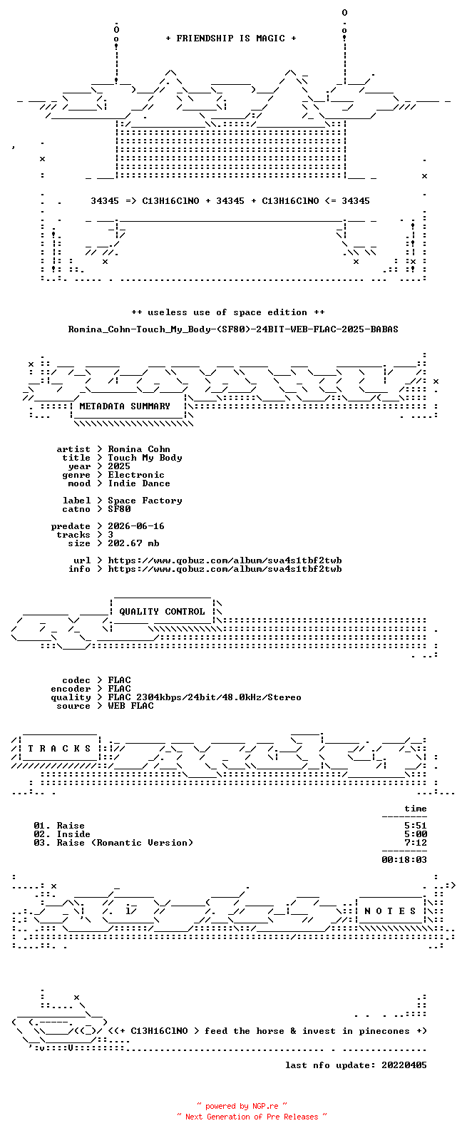 NFO for the release Romina_Cohn-Touch_My_Body-(SF80)-24BIT-WEB-FLAC-2025-BABAS by BABAS
