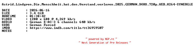 NFO for the release Astrid.Lindgren.Die.Menschheit.hat.den.Verstand.verloren.2025.GERMAN.DOKU.720p.WEB.H264-SYNERGiE by SYNERGiE