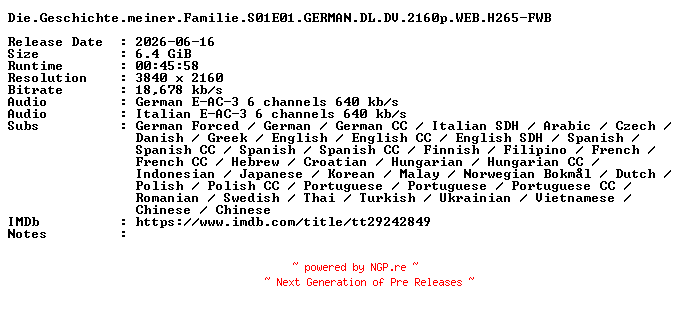 NFO for the release Die.Geschichte.meiner.Familie.S01E01.GERMAN.DL.DV.2160p.WEB.H265-FWB by FWB