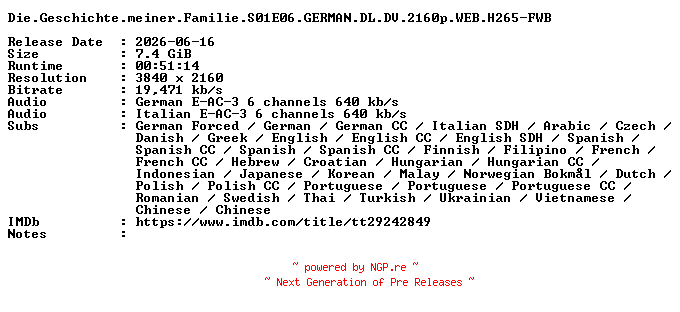 NFO for the release Die.Geschichte.meiner.Familie.S01E06.GERMAN.DL.DV.2160p.WEB.H265-FWB by FWB