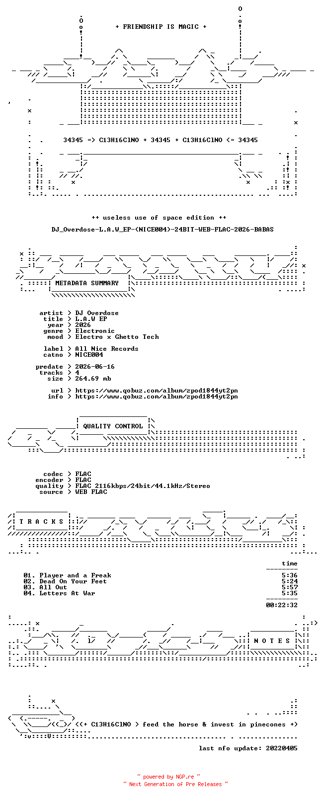 NFO for the release DJ_Overdose-L.A.W_EP-(NICE004)-24BIT-WEB-FLAC-2026-BABAS by BABAS