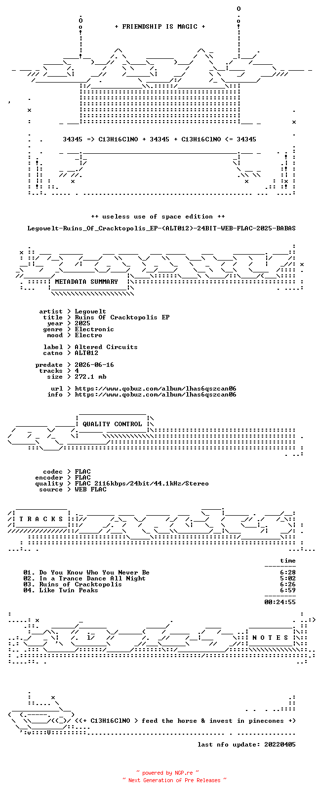 NFO for the release Legowelt-Ruins_Of_Cracktopolis_EP-(ALT012)-24BIT-WEB-FLAC-2025-BABAS by BABAS
