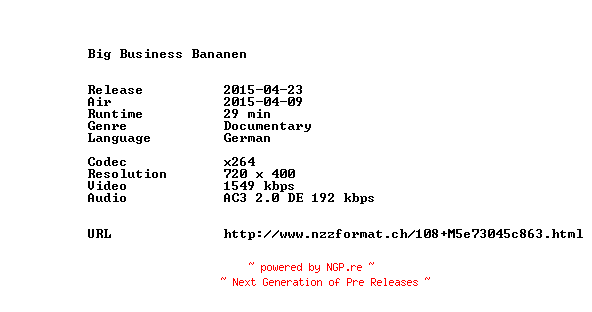 NFO for the release Big.Business.Bananen.GERMAN.DOKU.HDTV.x264-DUPLiKAT by DUPLiKAT