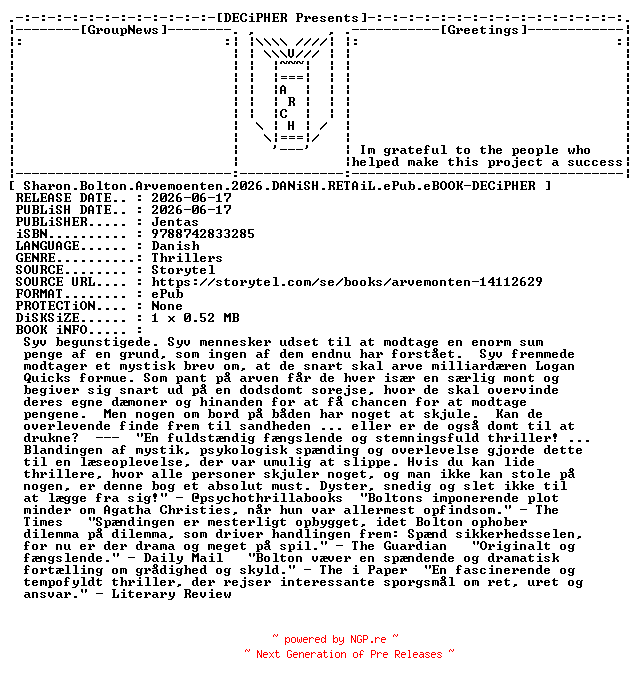 NFO for the release Sharon.Bolton.Arvemoenten.2026.DANiSH.RETAiL.ePub.eBOOK-DECiPHER by DECiPHER