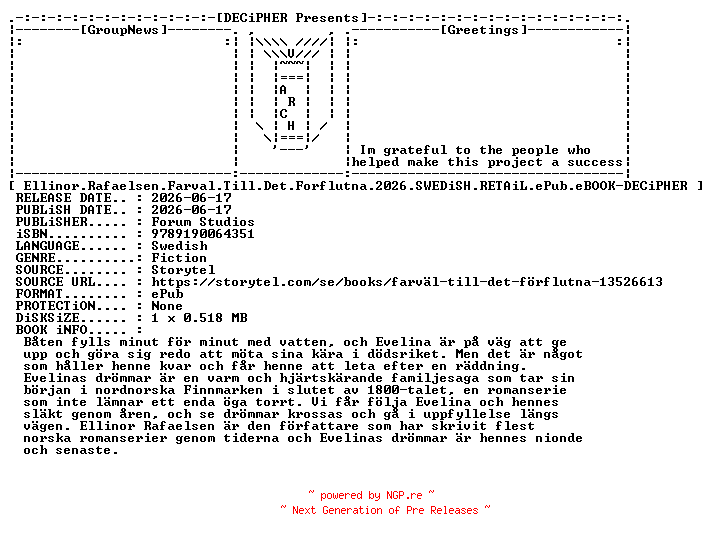 NFO for the release Ellinor.Rafaelsen.Farval.Till.Det.Forflutna.2026.SWEDiSH.RETAiL.ePub.eBOOK-DECiPHER by DECiPHER