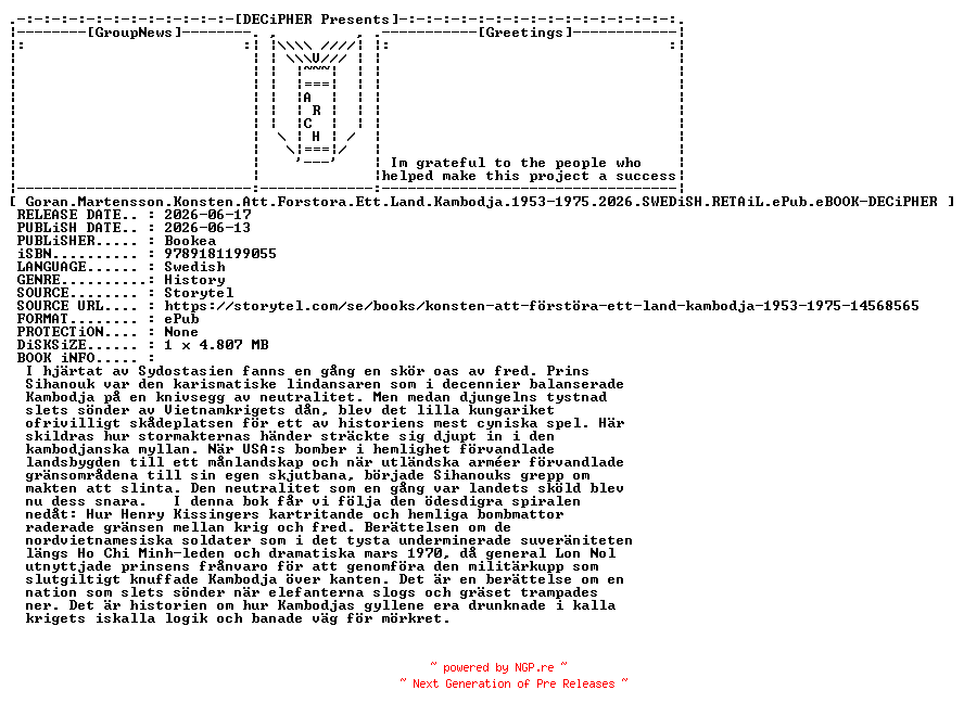 NFO for the release Goran.Martensson.Konsten.Att.Forstora.Ett.Land.Kambodja.1953-1975.2026.SWEDiSH.RETAiL.ePub.eBOOK-DECiPHER by DECiPHER