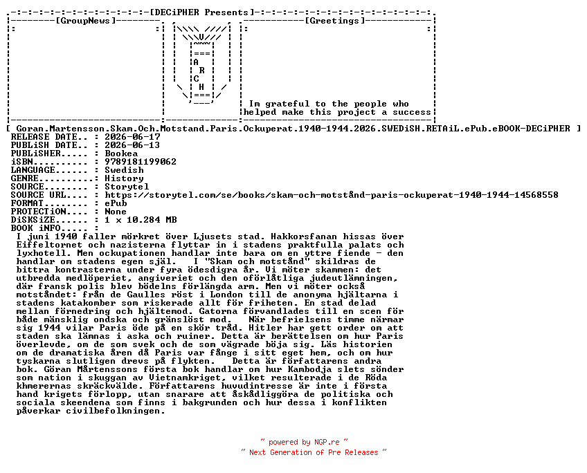 NFO for the release Goran.Martensson.Skam.Och.Motstand.Paris.Ockuperat.1940-1944.2026.SWEDiSH.RETAiL.ePub.eBOOK-DECiPHER by DECiPHER