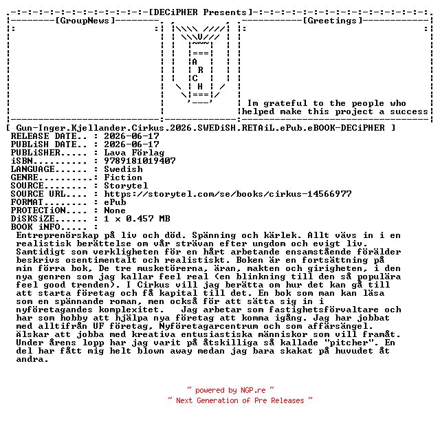 NFO for the release Gun.Inger.Kjellander.Cirkus.2026.SWEDiSH.RETAiL.ePub.eBOOK-DECiPHER by DECiPHER