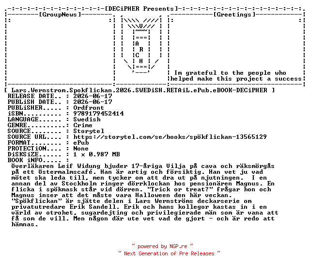 NFO for the release Lars.Wernstrom.Spokflickan.2026.SWEDiSH.RETAiL.ePub.eBOOK-DECiPHER by DECiPHER