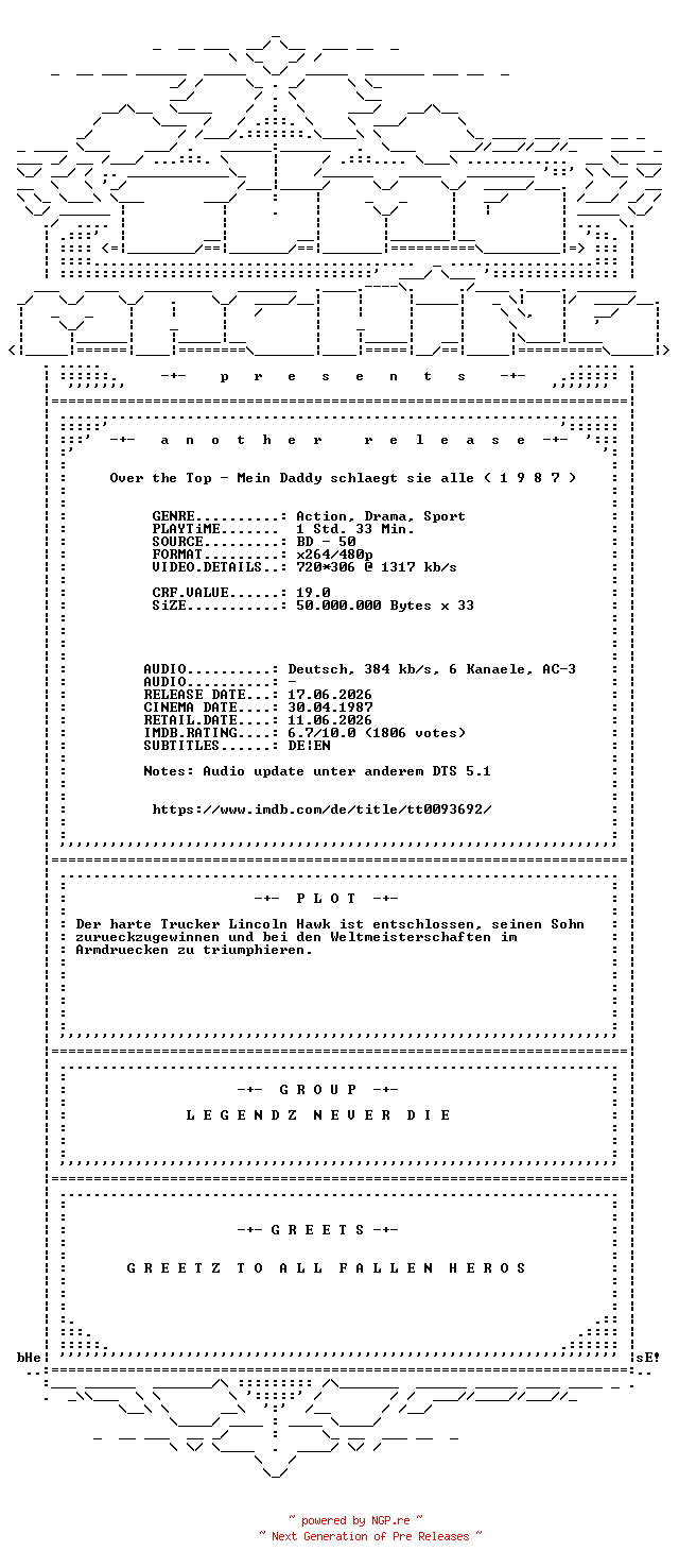 NFO for the release Over.the.Top.Mein.Daddy.schlaegt.sie.alle.German.REMASTERED.1987.AC3.BDRip.x264-TM by TM