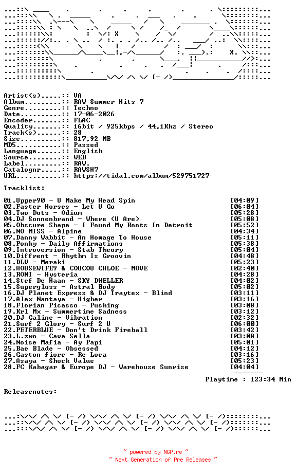 NFO for the release VA-RAW_Summer_Hits_7-RAWSH7-16BIT-WEB-FLAC-2026-WAVED by WAVED